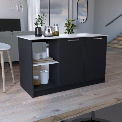 Juniper Kitchen Island, Four Open Shelves, Two Cabinets -Light Oak