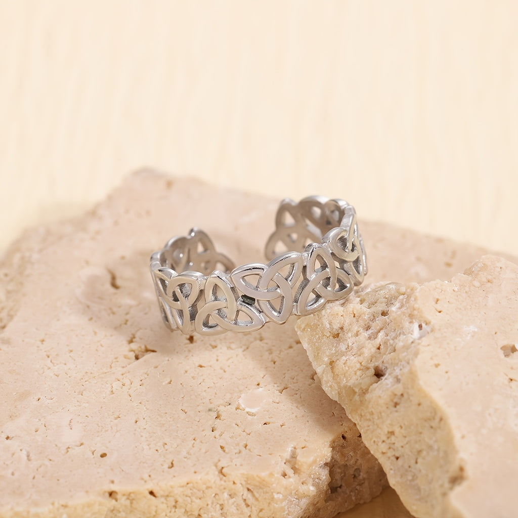 1 Piece Celtic Knot Stainless Steel Open Ring, Retro Hollow Woven Band, Trendy Personalized Jewelry, Perfect Gift Choice