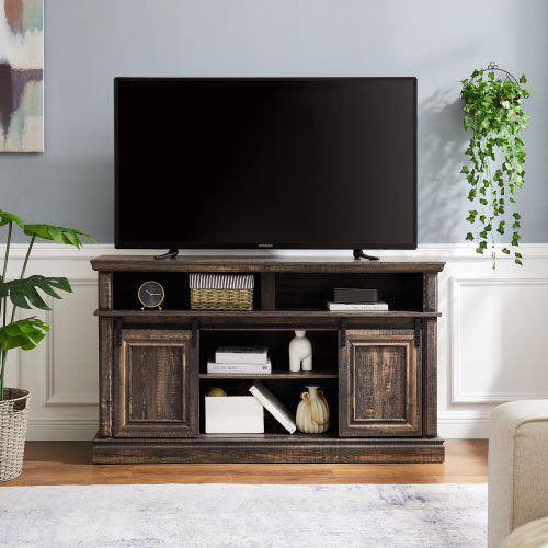 Media Console Table With Storage Cabinet, Mid Century Style Entertainment TV Table, Multipurpose Sliding Door TV Cabinet Large Storage Space,