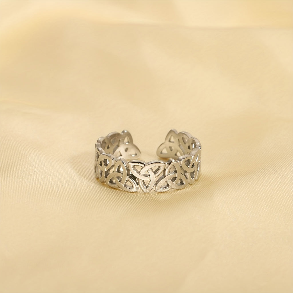 1 Piece Celtic Knot Stainless Steel Open Ring, Retro Hollow Woven Band, Trendy Personalized Jewelry, Perfect Gift Choice