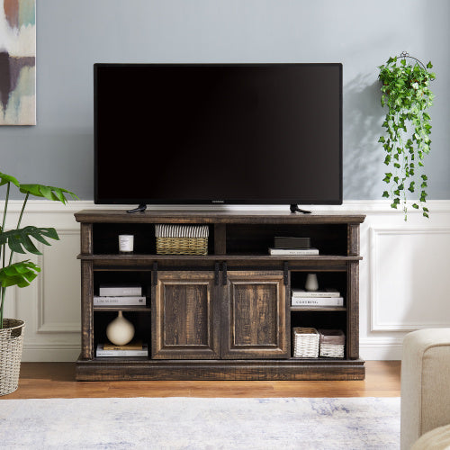 Media Console Table With Storage Cabinet, Mid Century Style Entertainment TV Table, Multipurpose Sliding Door TV Cabinet Large Storage Space,