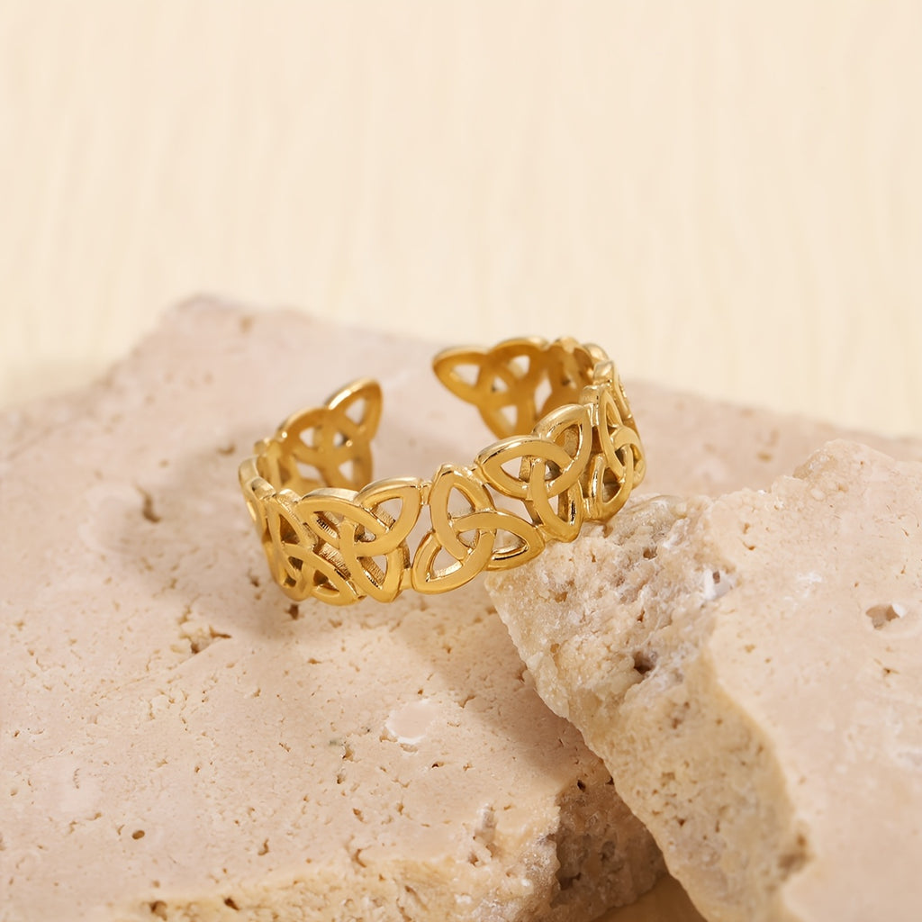 1 Piece Celtic Knot Stainless Steel Open Ring, Retro Hollow Woven Band, Trendy Personalized Jewelry, Perfect Gift Choice