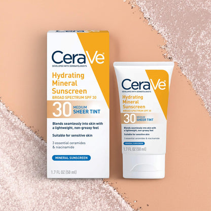 CeraVe Tinted Hydrating Mineral Sunscreen SPF 30 – Lightweight Zinc & Titanium Dioxide Formula for Smooth, Radiant Skin (Medium, 1.7 fl oz)