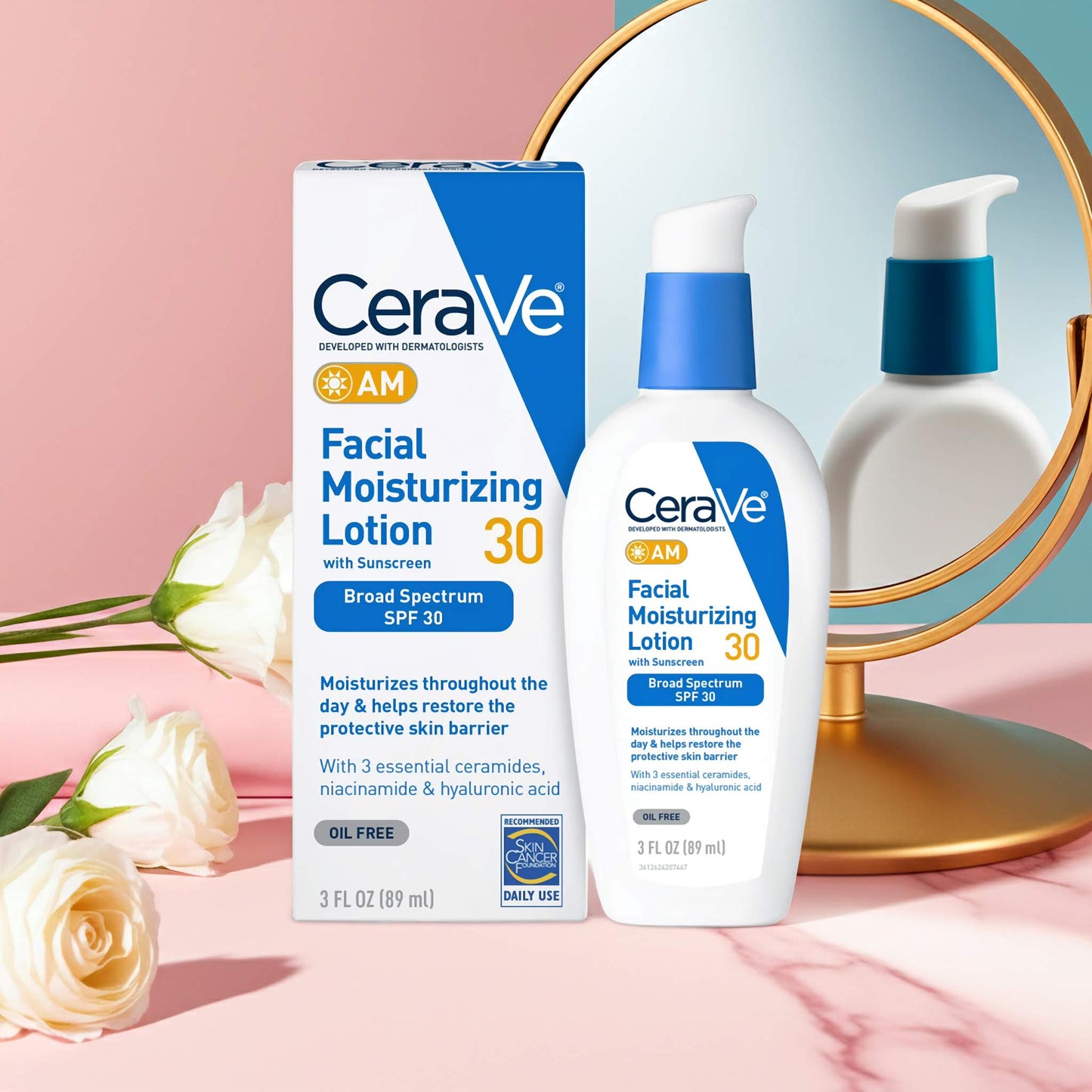 CeraVe AM Moisturizer with SPF 30 for Face – Oil-Free Daily Lotion with Hyaluronic Acid & Ceramides – Non-Comedogenic Sunscreen 3 oz (89ml)