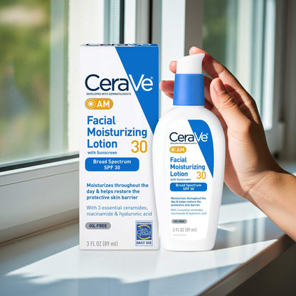 CeraVe AM Moisturizer with SPF 30 for Face – Oil-Free Daily Lotion with Hyaluronic Acid & Ceramides – Non-Comedogenic Sunscreen 3 oz (89ml)