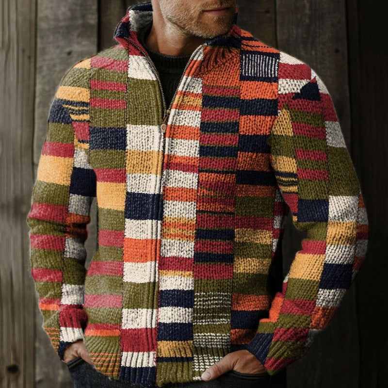 Mens Loose-Fit Stand-Up Collar Zip-Up Jacket Top